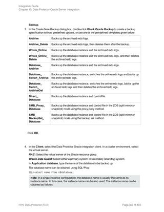 Backup.
3. In the Create New Backup dialog box, double-click Blank Oracle Backup to create a backup
specification without predefined options, or use one of the pre-defined templates given below:
Archive Backs up the archived redo logs.
Archive_Delete Backs up the archived redo logs, then deletes them after the backup.
Whole_Online Backs up the database instance and the archived redo logs.
Whole_Online_
Delete
Backs up the database instance and the archived redo logs, and then deletes
the archived redo logs.
Database_
Archive
Backs up the database instance and the archived redo logs.
Database_
Switch_Archive
Backs up the database instance, switches the online redo logs and backs up
the archived redo logs.
Database_
Switch_
ArchiveDel
Backs up the database instance, switches the online redo logs, backs up the
archived redo logs and then deletes the archived redo logs.
Direct_
Database
Backs up the database instance and controlfile.
SMB_Proxy_
Database
Backs up the database instance and control file in the ZDB (split mirror or
snapshot) mode using the proxy-copy method.
SMB_
BackupSet_
Database
Backs up the database instance and control file in the ZDB (split mirror or
snapshot) mode using the backup set method.
Click OK.
4. In the Client, select the Data Protector Oracle integration client. In a cluster environment, select
the virtual server.
RAC: Select the virtual server of the Oracle resource group.
Oracle Data Guard: Select either a primary system or secondary (standby) system.
In Application database, type the name of the database to be backed up.
The database name can be obtained using SQL*Plus:
SQL>select name from v$database;
Note: In a single-instance configuration, the database name is usually the same as its
instance name. In this case, the instance name can be also used. The instance name can be
obtained as follows:
Integration Guide
Chapter 10: Data Protector Oracle Server integration
HPE Data Protector (9.07) Page 357 of 803
 