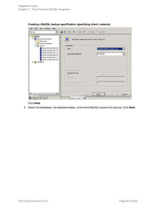 Creating a MySQL backup specification (specifying client, instance)
Click Next.
5. Select the databases, the database tables, or the entire MySQL instance for backup. Click Next.
Integration Guide
Chapter 11: Data Protector MySQL integration
HPE Data Protector (9.07) Page 431 of 803
 