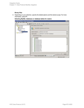 Binary files.
4. Depending on your selection, specify the related options and the restore scope. For more
information, press F1.
Selecting MySQL databases or database tables for restore
Integration Guide
Chapter 11: Data Protector MySQL integration
HPE Data Protector (9.07) Page 437 of 803
 