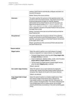 method), Data Protector automatically configures and starts it at
the end of the restore.
Default: Name of the source instance.
Username This option specifies the username of the operating system user
account to use for the restore session. The chosen account must
be granted appropriate privileges as a MySQL database
administrator and be a Data Protector user with the proper user
rights for the restore scenario (Start restore, Restore from
other users, Restore to other clients, and so on). If no
value is specified, username of the Data Protector Inet account on
the target client is used.
Default: Username of the user account that locally launched the
Data Protector GUI.
Group/domain This option specifies the user group or domain of the operating
system user account to use for the restore session. If no value is
specified, user group or domain of the Data Protector Inet account
on the target client is used.
Default: group/domain of the user account that locally launched
the Data Protector GUI.
Restore method
Staged restore Select this option to perform one or both phases of a staged
restore, as opposed to an in-place restore, or to migrate data.
l Complete staged restore, when the option Copy staged data
to target directory is selected .
l Import of databases, database tables, or both, when the option
Import tables to target instance is selected .
l The first phase of a staged restore (a partial staged restore),
when the option Staging only is selected.
Default: selected.
Use custom stage directory Select this option to use a custom directory for staging the
restored data, instead of the Data Protector default directory for
temporary files. Specify the full path to the chosen directory.
Default: not selected.
Copy staged data to target
directory
Select this option to perform a complete staged restore. Data
from backup images of the restore chain is placed to an
intermediate location on the target client first. Afterwards, this
data is copied to the target location. This restore method requires
more storage space from an in-place restore, but can better
prevent potential data inconsistency in the event something goes
wrong.
Integration Guide
Chapter 11: Data Protector MySQL integration
HPE Data Protector (9.07) Page 441 of 803
 