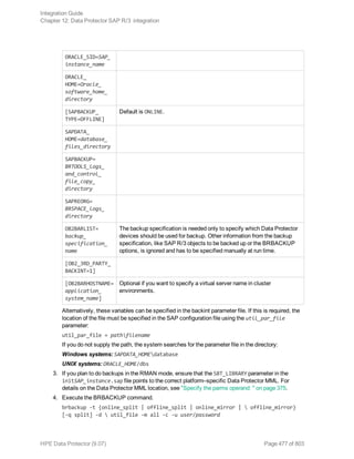 ORACLE_SID=SAP_
instance_name
ORACLE_
HOME=Oracle_
software_home_
directory
[SAPBACKUP_
TYPE=OFFLINE]
Default is ONLINE.
SAPDATA_
HOME=database_
files_directory
SAPBACKUP=
BRTOOLS_logs_
and_control_
file_copy_
directory
SAPREORG=
BRSPACE_logs_
directory
OB2BARLIST=
backup_
specification_
name
The backup specification is needed only to specify which Data Protector
devices should be used for backup. Other information from the backup
specification, like SAP R/3 objects to be backed up or the BRBACKUP
options, is ignored and has to be specified manually at run time.
[OB2_3RD_PARTY_
BACKINT=1]
[OB2BARHOSTNAME=
application_
system_name]
Optional if you want to specify a virtual server name in cluster
environments.
Alternatively, these variables can be specified in the backint parameter file. If this is required, the
location of the file must be specified in the SAP configuration file using the util_par_file
parameter:
util_par_file = pathfilename
If you do not supply the path, the system searches for the parameter file in the directory:
Windows systems: SAPDATA_HOMEdatabase
UNIX systems: ORACLE_HOME/dbs
3. If you plan to do backups in the RMAN mode, ensure that the SBT_LIBRARY parameter in the
initSAP_instance.sap file points to the correct platform–specific Data Protector MML. For
details on the Data Protector MML location, see "Specify the parms operand: " on page 375.
4. Execute the BRBACKUP command.
brbackup -t {online_split | offline_split | online_mirror |  offline_mirror}
[–q split] -d  util_file -m all -c -u user/password
Integration Guide
Chapter 12: Data Protector SAP R/3 integration
HPE Data Protector (9.07) Page 477 of 803
 