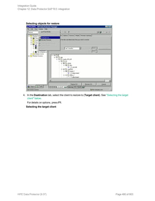 Selecting objects for restore
4. In the Destination tab, select the client to restore to (Target client). See "Selecting the target
client" below.
For details on options, press F1.
Selecting the target client
Integration Guide
Chapter 12: Data Protector SAP R/3 integration
HPE Data Protector (9.07) Page 480 of 803
 