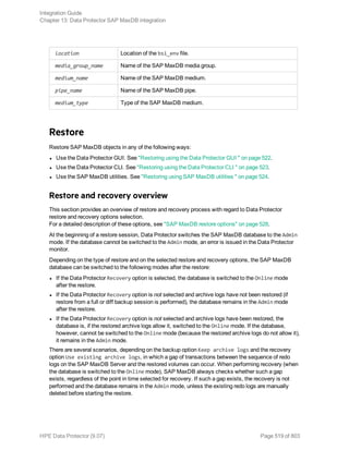 location Location of the bsi_env file.
media_group_name Name of the SAP MaxDB media group.
medium_name Name of the SAP MaxDB medium.
pipe_name Name of the SAP MaxDB pipe.
medium_type Type of the SAP MaxDB medium.
Restore
Restore SAP MaxDB objects in any of the following ways:
l Use the Data Protector GUI. See "Restoring using the Data Protector GUI " on page 522.
l Use the Data Protector CLI. See "Restoring using the Data Protector CLI " on page 523.
l Use the SAP MaxDB utilities. See "Restoring using SAP MaxDB utilities " on page 524.
Restore and recovery overview
This section provides an overview of restore and recovery process with regard to Data Protector
restore and recovery options selection.
For a detailed description of these options, see "SAP MaxDB restore options" on page 528.
At the beginning of a restore session, Data Protector switches the SAP MaxDB database to the Admin
mode. If the database cannot be switched to the Admin mode, an error is issued in the Data Protector
monitor.
Depending on the type of restore and on the selected restore and recovery options, the SAP MaxDB
database can be switched to the following modes after the restore:
l If the Data Protector Recovery option is selected, the database is switched to the Online mode
after the restore.
l If the Data Protector Recovery option is not selected and archive logs have not been restored (if
restore from a full or diff backup session is performed), the database remains in the Admin mode
after the restore.
l If the Data Protector Recovery option is not selected and archive logs have been restored, the
database is, if the restored archive logs allow it, switched to the Online mode. If the database,
however, cannot be switched to the Online mode (because the restored archive logs do not allow it),
it remains in the Admin mode.
There are several scenarios, depending on the backup option Keep archive logs and the recovery
option Use existing archive logs, in which a gap of transactions between the sequence of redo
logs on the SAP MaxDB Server and the restored volumes can occur. When performing recovery (when
the database is switched to the Online mode), SAP MaxDB always checks whether such a gap
exists, regardless of the point in time selected for recovery. If such a gap exists, the recovery is not
performed and the database remains in the Admin mode, unless the existing redo logs are manually
deleted before starting the restore.
Integration Guide
Chapter 13: Data Protector SAP MaxDB integration
HPE Data Protector (9.07) Page 519 of 803
 