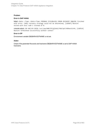 Problem
Error in SAP HANA
failed: <Date> <Time> <Date><Time> P020466 153128bc851 ERROR RECOVERY INQUIRE finished
with error: [449] recovery strategy could not be determined, [110507] Backint
exited with exit code 1 instead of 0.
console output: 15# ##[139:220]# /usr/sap/HAN/SYS/global/hdb/opt/hdbbackint#, [110514]
Backint terminated successfully without connect
Error in DP
Environment variable OB2BARHOSTNAME is not set.
Action
Check if the parameter file exists and hostname OB2BARHOSTNAME is set to SAP HANA
hostname.
Integration Guide
Chapter 14: Data Protector SAP HANA Appliance integration
HPE Data Protector (9.07) Page 553 of 803
 