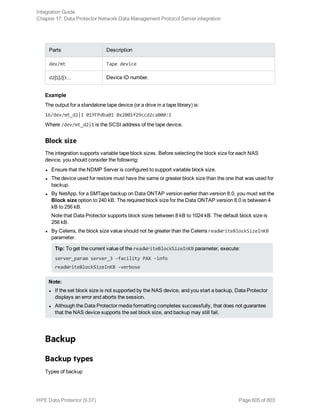 Parts Description
dev/mt Tape device
d2|1|2|3... Device ID number.
Example
The output for a standalone tape device (or a drive in a tape library) is:
16/dev/mt_d2|1 01YFPdba01 0x2001f29ccd2ca000:1
Where /dev/mt_d2|1 is the SCSI address of the tape device.
Block size
The integration supports variable tape block sizes. Before selecting the block size for each NAS
device, you should consider the following:
l Ensure that the NDMP Server is configured to support variable block size.
l The device used for restore must have the same or greater block size than the one that was used for
backup.
l By NetApp, for a SMTape backup on Data ONTAP version earlier than version 8.0, you must set the
Block size option to 240 kB. The required block size for the Data ONTAP version 8.0 is between 4
kB to 256 kB.
Note that Data Protector supports block sizes between 8 kB to 1024 kB. The default block size is
256 kB.
l By Celerra, the block size value should not be greater than the Celerra readWriteBlockSizeInKB
parameter.
Tip: To get the current value of the readWriteBlockSizeInKB parameter, execute:
server_param server_3 -facility PAX -info
readWriteBlockSizeInKB -verbose
Note:
l If the set block size is not supported by the NAS device, and you start a backup, Data Protector
displays an error and aborts the session.
l Although the Data Protector media formatting completes successfully, that does not guarantee
that the NAS device supports the set block size, and backup may still fail.
Backup
Backup types
Types of backup
Integration Guide
Chapter 17: Data Protector Network Data Management Protocol Server integration
HPE Data Protector (9.07) Page 605 of 803
 