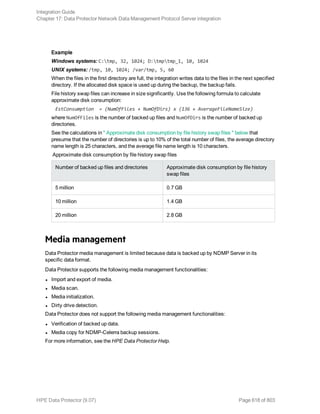 Example
Windows systems: C:tmp, 32, 1024; D:tmptmp_1, 10, 1024
UNIX systems: /tmp, 10, 1024; /var/tmp, 5, 60
When the files in the first directory are full, the integration writes data to the files in the next specified
directory. If the allocated disk space is used up during the backup, the backup fails.
File history swap files can increase in size significantly. Use the following formula to calculate
approximate disk consumption:
EstConsumption = (NumOfFiles + NumOfDirs) x (136 + AverageFileNameSize)
where NumOfFiles is the number of backed up files and NumOfDirs is the number of backed up
directories.
See the calculations in " Approximate disk consumption by file history swap files " below that
presume that the number of directories is up to 10% of the total number of files, the average directory
name length is 25 characters, and the average file name length is 10 characters.
Approximate disk consumption by file history swap files
Number of backed up files and directories Approximate disk consumption by file history
swap files
5 million 0.7 GB
10 million 1.4 GB
20 million 2.8 GB
Media management
Data Protector media management is limited because data is backed up by NDMP Server in its
specific data format.
Data Protector supports the following media management functionalities:
l Import and export of media.
l Media scan.
l Media initialization.
l Dirty drive detection.
Data Protector does not support the following media management functionalities:
l Verification of backed up data.
l Media copy for NDMP-Celerra backup sessions.
For more information, see the HPE Data Protector Help.
Integration Guide
Chapter 17: Data Protector Network Data Management Protocol Server integration
HPE Data Protector (9.07) Page 618 of 803
 