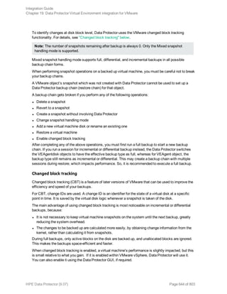To identify changes at disk block level, Data Protector uses the VMware changed block tracking
functionality. For details, see "Changed block tracking" below.
Note: The number of snapshots remaining after backup is always 0. Only the Mixed snapshot
handling mode is supported.
Mixed snapshot handling mode supports full, differential, and incremental backups in all possible
backup chain forms.
When performing snapshot operations on a backed up virtual machine, you must be careful not to break
your backup chains.
A VMware object’s snapshot which was not created with Data Protector cannot be used to set up a
Data Protector backup chain (restore chain) for that object.
A backup chain gets broken if you perform any of the following operations:
l Delete a snapshot
l Revert to a snapshot
l Create a snapshot without involving Data Protector
l Change snapshot handling mode
l Add a new virtual machine disk or rename an existing one
l Restore a virtual machine
l Enable changed block tracking
After completing any of the above operations, you must first run a full backup to start a new backup
chain. If you run a session for incremental or differential backup instead, the Data Protector switches
the VEAgentdisk objects to have the effective backup type as full, whereas for VEAgent object, the
backup type still remains as incremental or differential. This may create a backup chain with multiple
sessions during restore; which impacts performance. So, it is recommended to execute a full backup.
Changed block tracking
Changed block tracking (CBT) is a feature of later versions of VMware that can be used to improve the
efficiency and speed of your backups.
For CBT, change IDs are used. A change ID is an identifier for the state of a virtual disk at a specific
point in time. It is saved by the virtual disk logic whenever a snapshot is taken of the disk.
The main advantage of using changed block tracking is most noticeable on incremental or differential
backups, because:
l It is not necessary to keep virtual machine snapshots on the system until the next backup, greatly
reducing the system overhead.
l The changes to be backed up are calculated more easily, by obtaining change information from the
kernel, rather than calculating it from snapshots.
During full backups, only active blocks on the disk are backed up, and unallocated blocks are ignored.
This makes the backups space-efficient and faster.
When changed block tracking is enabled, a virtual machine's performance is slightly impacted, but this
is small relative to what you gain. If it is enabled within VMware vSphere, Data Protector will use it.
You can also enable it using the Data Protector GUI, if required.
Integration Guide
Chapter 19: Data Protector Virtual Environment integration for VMware
HPE Data Protector (9.07) Page 644 of 803
 