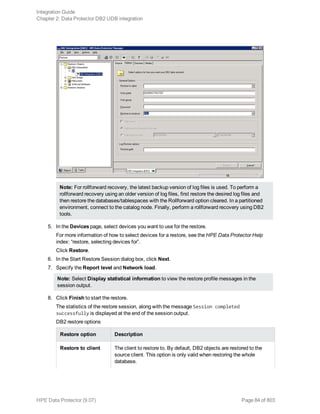 Note: For rollforward recovery, the latest backup version of log files is used. To perform a
rollforward recovery using an older version of log files, first restore the desired log files and
then restore the databases/tablespaces with the Rollforward option cleared. In a partitioned
environment, connect to the catalog node. Finally, perform a rollforward recovery using DB2
tools.
5. In the Devices page, select devices you want to use for the restore.
For more information of how to select devices for a restore, see the HPE Data Protector Help
index: “restore, selecting devices for”.
Click Restore.
6. In the Start Restore Session dialog box, click Next.
7. Specify the Report level and Network load.
Note: Select Display statistical information to view the restore profile messages in the
session output.
8. Click Finish to start the restore.
The statistics of the restore session, along with the message Session completed
successfully is displayed at the end of the session output.
DB2 restore options
Restore option Description
Restore to client The client to restore to. By default, DB2 objects are restored to the
source client. This option is only valid when restoring the whole
database.
Integration Guide
Chapter 2: Data Protector DB2 UDB integration
HPE Data Protector (9.07) Page 84 of 803
 