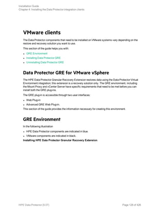 VMware clients
The Data Protector components that need to be installed on VMware systems vary depending on the
restore and recovery solution you want to use.
This section of the guide helps you with:
l GRE Environment
l Installing Data Protector GRE
l Uninstalling Data Protector GRE
Data Protector GRE for VMware vSphere
The HPE Data Protector Granular Recovery Extension restores data using the Data Protector Virtual
Environment integration; this extension is a recovery solution only. The GRE environment, including
the Mount Proxy and vCenter Server have specific requirements that need to be met before you can
install both the GRE plug-ins.
The GRE plug-in is accessible through two user interfaces:
l Web Plug-in
l Advanced GRE Web Plug-in.
This section of the guide provides the information necessary for creating this environment.
GRE Environment
In the following illustration
l HPE Data Protector components are indicated in blue.
l VMware components are indicated in black.
Installing HPE Data Protector Granular Recovery Extension
Installation Guide
Chapter 4: Installing the Data Protector integration clients
HPE Data Protector (9.07) Page 128 of 426
 