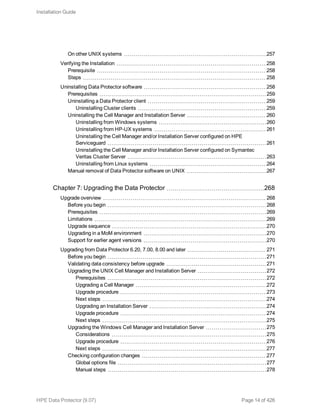 On other UNIX systems 257
Verifying the Installation 258
Prerequisite 258
Steps 258
Uninstalling Data Protector software 258
Prerequisites 259
Uninstalling a Data Protector client 259
Uninstalling Cluster clients 259
Uninstalling the Cell Manager and Installation Server 260
Uninstalling from Windows systems 260
Uninstalling from HP-UX systems 261
Uninstalling the Cell Manager and/or Installation Server configured on HPE
Serviceguard 261
Uninstalling the Cell Manager and/or Installation Server configured on Symantec
Veritas Cluster Server 263
Uninstalling from Linux systems 264
Manual removal of Data Protector software on UNIX 267
Chapter 7: Upgrading the Data Protector 268
Upgrade overview 268
Before you begin 268
Prerequisites 269
Limitations 269
Upgrade sequence 270
Upgrading in a MoM environment 270
Support for earlier agent versions 270
Upgrading from Data Protector 6.20, 7.00, 8.00 and later 271
Before you begin 271
Validating data consistency before upgrade 271
Upgrading the UNIX Cell Manager and Installation Server 272
Prerequisites 272
Upgrading a Cell Manager 272
Upgrade procedure 273
Next steps 274
Upgrading an Installation Server 274
Upgrade procedure 274
Next steps 275
Upgrading the Windows Cell Manager and Installation Server 275
Considerations 275
Upgrade procedure 276
Next steps 277
Checking configuration changes 277
Global options file 277
Manual steps 278
Installation Guide
HPE Data Protector (9.07) Page 14 of 426
 