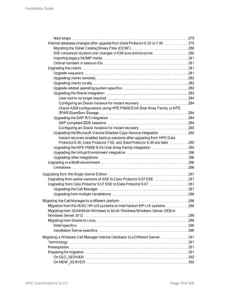 Next steps 279
Internal database changes after upgrade from Data Protector 6.20 or 7.00 279
Migrating the Detail Catalog Binary Files (DCBF) 280
IDB conversion duration and changes in IDB size and structure 280
Importing legacy NDMP media 281
Ordinal numbers in session IDs 281
Upgrading the clients 281
Upgrade sequence 281
Upgrading clients remotely 282
Upgrading clients locally 282
Upgrade-related operating system specifics 282
Upgrading the Oracle integration 283
User root is no longer required 284
Configuring an Oracle instance for instant recovery 284
Oracle ASM configurations using HPE P6000 EVA Disk Array Family or HPE
3PAR StoreServ Storage 284
Upgrading the SAP R/3 integration 284
SAP compliant ZDB sessions 284
Configuring an Oracle instance for instant recovery 285
Upgrading the Microsoft Volume Shadow Copy Service integration 285
Instant recovery-enabled backup sessions after upgrading from HPE Data
Protector 6.20, Data Protector 7.00, and Data Protector 8.00 and later 285
Upgrading the HPE P6000 EVA Disk Array Family integration 285
Upgrading the Virtual Environment integration 286
Upgrading other integrations 286
Upgrading in a MoM environment 286
Limitations 286
Upgrading from the Single Server Edition 287
Upgrading from earlier versions of SSE to Data Protector 9.07 SSE 287
Upgrading from Data Protector 9.07 SSE to Data Protector 9.07 287
Upgrading the Cell Manager 287
Upgrading from multiple installations 288
Migrating the Cell Manager to a different platform 288
Migration from PA-RISC HP-UX systems to Intel Itanium HP-UX systems 288
Migrating from 32-bit/64-bit Windows to 64-bit Windows/Windows Server 2008 or
Windows Server 2012 289
Migrating from Solaris to Linux 289
MoM specifics 290
Installation Server specifics 290
Migrating a Windows Cell Manager Internal Database to a Different Server 291
Terminology 291
Prerequisites 291
Preparing for migration 291
On OLD_SERVER 292
On NEW_SERVER 292
Installation Guide
HPE Data Protector (9.07) Page 15 of 426
 
