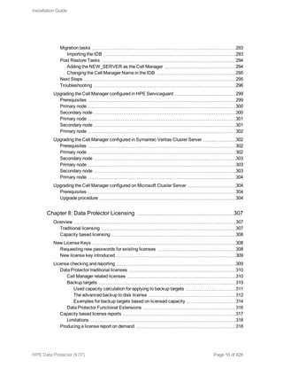 Migration tasks 293
Importing the IDB 293
Post Restore Tasks 294
Adding the NEW_SERVER as the Cell Manager 294
Changing the Cell Manager Name in the IDB 295
Next Steps 295
Troubleshooting 296
Upgrading the Cell Manager configured in HPE Serviceguard 299
Prerequisites 299
Primary node 300
Secondary node 300
Primary node 301
Secondary node 301
Primary node 302
Upgrading the Cell Manager configured in Symantec Veritas Cluster Server 302
Prerequisites 302
Primary node 302
Secondary node 303
Primary node 303
Secondary node 303
Primary node 304
Upgrading the Cell Manager configured on Microsoft Cluster Server 304
Prerequisites 304
Upgrade procedure 304
Chapter 8: Data Protector Licensing 307
Overview 307
Traditional licensing 307
Capacity based licensing 308
New License Keys 308
Requesting new passwords for existing licenses 308
New license key introduced 309
License checking and reporting 309
Data Protector traditional licenses 310
Cell Manager related licenses 310
Backup targets 310
Used capacity calculation for applying to backup targets 311
The advanced backup to disk license 312
Examples for backup targets based on licensed capacity 314
Data Protector Functional Extensions 316
Capacity based license reports 317
Limitations 318
Producing a license report on demand 318
Installation Guide
HPE Data Protector (9.07) Page 16 of 426
 