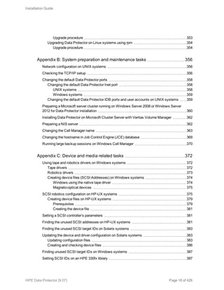 Upgrade procedure 353
Upgrading Data Protector on Linux systems using rpm 354
Upgrade procedure 354
Appendix B: System preparation and maintenance tasks 356
Network configuration on UNIX systems 356
Checking the TCP/IP setup 356
Changing the default Data Protector ports 358
Changing the default Data Protector Inet port 358
UNIX systems 358
Windows systems 359
Changing the default Data Protector IDB ports and user accounts on UNIX systems 359
Preparing a Microsoft server cluster running on Windows Server 2008 or Windows Server
2012 for Data Protector installation 360
Installing Data Protector on Microsoft Cluster Server with Veritas Volume Manager 362
Preparing a NIS server 362
Changing the Cell Manager name 363
Changing the hostname in Job Control Engine (JCE) database 369
Running large backup sessions on Windows Cell Manager 370
Appendix C: Device and media related tasks 372
Using tape and robotics drivers on Windows systems 372
Tape drivers 372
Robotics drivers 373
Creating device files (SCSI Addresses) on Windows systems 374
Windows using the native tape driver 374
Magneto-optical devices 375
SCSI robotics configuration on HP-UX systems 375
Creating device files on HP-UX systems 379
Prerequisites 379
Creating the device file 381
Setting a SCSI controller’s parameters 381
Finding the unused SCSI addresses on HP-UX systems 381
Finding the unused SCSI target IDs on Solaris systems 383
Updating the device and driver configuration on Solaris systems 383
Updating configuration files 383
Creating and checking device files 386
Finding unused SCSI target IDs on Windows systems 387
Setting SCSI IDs on an HPE 330fx library 387
Installation Guide
HPE Data Protector (9.07) Page 18 of 426
 