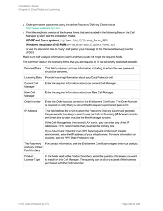 l Order permanent passwords using the online Password Delivery Center site at
http://www.webware.hp.com.
l Print the electronic version of the license forms that are included in the following files on the Cell
Manager system and the installation media:
HP-UX and Linux systems: /opt/omni/doc/C/license_forms_UNIX
Windows installation DVD-ROM: DriveLetter:Docslicense_forms.txt
or use the electronic files to “copy” and “paste” your message to the Password Delivery Center
(PDC).
Make sure that you type information clearly and that you do not forget the required fields.
The common fields in the licensing forms that you are required to fill out are briefly described beneath:
Personal Data This field contains customer information, including to whom the new password
should be delivered.
Licensing Data Provide licensing information about your Data Protector cell.
Current Cell
Manager
Enter the required information about your current Cell Manager.
New Cell
Manager
Enter the required information about your New Cell Manager.
Order Number Enter the Order Number printed on the Entitlement Certificate. The Order Number
is required to verify that you are entitled to request a permanent password.
IP Address This field defines for which system the Password Delivery Center will generate
the passwords. In case you want to use centralized licensing (MoM environments
only) then this system must be the MoM Manager system.
If the Cell Manager has the several LAN cards, you can enter any of the IP
addresses. HPE recommends that you enter the primary one.
If you have Data Protector in an HPE Serviceguard or Microsoft Cluster
environment, enter the IP address of your virtual server. For more information on
clusters, see the HPE Data Protector Help.
The Password
Delivery Center
Fax Numbers
For contact information, see the Entitlement Certificate shipped with your product.
Product
License Type
In the fields next to the Product Numbers, enter the quantity of licenses you want
to install on this Cell Manager. The quantity can be all or a subset of the licenses
purchased with the Order Number.
Installation Guide
Chapter 8: Data Protector Licensing
HPE Data Protector (9.07) Page 326 of 426
 