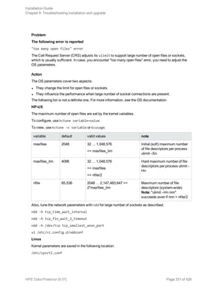 Problem
The following error is reported
"too many open files" error
The Cell Request Server (CRS) adjusts its ulimit to support large number of open files or sockets,
which is usually sufficient. In case, you encounter "too many open files" error, you need to adjust the
OS parameters.
Action
The OS parameters cover two aspects:
l They change the limit for open files or sockets.
l They influence the performance when large number of socket connections are present.
The following list is not a definite one. For more information, see the OS documentation.
HP-UX
The maximum number of open files are set by the kernel variables.
To configure, use kctune variable=value.
To view, use kctune –v variable or kcusage.
variable default valid values note
maxfiles 2048 32 … 1,048,576
<= maxfiles_lim
Initial (soft) maximum number
of file descriptors per process
ulimit –Sn
maxfiles_lim 4096 32 … 1,048,576
>= maxfiles
<= nfile/2
Hard maximum number of file
descriptors per process ulimit -
Hn
nfile 65,536 2048 … 2,147,483,647 >=
2*maxfiles_lim
Maximum number of file
descriptors (system-wide)
Note: "ulimit –Hn nnn"
succeeds even if nnn > nfile/2
Also, tune the network parameters with ndd for large number of sockets as described:
ndd -h tcp_time_wait_interval
ndd -h tcp_fin_wait_2_timeout
ndd -h /dev/tcp tcp_smallest_anon_port
vi /etc/rc.config.d/nddconf
Linux
Kernel parameters are saved in the following location:
/etc/sysctl.conf
Installation Guide
Chapter 9: Troubleshooting installation and upgrade
HPE Data Protector (9.07) Page 331 of 426
 