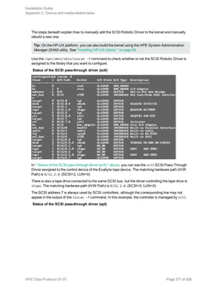 The steps beneath explain how to manually add the SCSI Robotic Driver to the kernel and manually
rebuild a new one.
Tip: On the HP-UX platform, you can also build the kernel using the HPE System Administration
Manager (SAM) utility. See "Installing HP-UX clients " on page 68.
Use the /opt/omni/sbin/ioscan -f command to check whether or not the SCSI Robotic Driver is
assigned to the library that you want to configure.
Status of the SCSI pass-through driver (sctl)
In " Status of the SCSI pass-through driver (sctl) " above, you can see the sctl SCSI Pass-Through
Driver assigned to the control device of the Exabyte tape device. The matching hardware path (H/W
Path) is 8/12.2.0. (SCSI=2, LUN=0)
There is also a tape drive connected to the same SCSI bus, but the driver controlling the tape drive is
stape. The matching hardware path (H/W Path) is 8/12.1.0. (SCSI=0, LUN=0)
The SCSI address 7 is always used by SCSI controllers, although the corresponding line may not
appear in the output of the ioscan -f command. In this example, the controller is managed by sctl.
Status of the SCSI pass-through driver (spt)
Installation Guide
Appendix C: Device and media related tasks
HPE Data Protector (9.07) Page 377 of 426
 