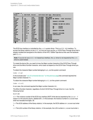 The SCSI bus interface is controlled by the scsi1 system driver. This is a SCSI NIO interface. To
access the library robotics on the SCSI NIO bus we must use the spt SCSI Pass-Through driver that is
already installed and assigned to the robotics of the HPE 12000e Tape device that uses the hardware
path 52.4.1.
Note: If you do not use a SCSI NIO based bus interface, the spt driver is not required but the sctl
driver is used instead.
To create the device file, you need to know the Major number character of the SCSI Pass-Through
driver and the Minor Number character, which does not depend on the SCSI Pass-Through driver you
use.
To obtain the character Major number belonging to spt,run the system command:
lsdev -d spt
In the example (see " List of connected devices " on the previous page) the command reported the
Major number character 75.
To obtain the character Major number belonging to sctl, run the system command:
lsdev -d sctl
In our case, the command reported the Major number character 203.
The Minor Number character, regardless of which SCSI Pass-Through driver is in use, has the
following format:
0xIITL00
II -> The Instance number of the SCSI bus interface (NOT of the device) reported by the ioscan -f
output is in the second column, labeled with I. In the example, the instance number is 0, so we must
enter two hexadecimal digits, 00.
T -> The SCSI address of the library robotics. In the example, the SCSI address is 4, so we must enter
4.
L -> The LUN number of the library robotics. In the example, the LUN number is 1, so we must enter 1.
Installation Guide
Appendix C: Device and media related tasks
HPE Data Protector (9.07) Page 380 of 426
 