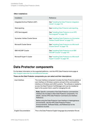 Other installations
Installation Reference
Integrated Archive Platform (IAP) See "Installing the Data Protector integration
clients" on page 110.
Web reporting See Installing Data Protector web reporting.
HPE Serviceguard See "Installing Data Protector on an HPE
Serviceguard" on page 163.
Symantec Veritas Cluster Server See "Installing Data Protector on a Symantec
Veritas Cluster Server" on page 173.
Microsoft Cluster Server See "Installing Data Protector on a Microsoft
Cluster Server" on page 176.
IBM HACMP Cluster See "Installing Data Protector on an IBM
HACMP Cluster" on page 187.
Microsoft Hyper-V cluster See "Installing Data Protector on a Microsoft
Hyper-V cluster" on page 187.
Data Protector components
For the latest information on the supported platforms, visit the HPE Data Protector home page at
http://support.openview.hp.com/selfsolve/manuals.
These are the Data Protector components you can select and their descriptions:
User Interface The User Interface component includes the Data Protector graphical
user interface on Windows systems and part of the command-line
interface on Windows and UNIX systems. The software is needed to
access the Data Protector Cell Manager and must be installed at
least to the system that is used for managing the cell.
Note: Specific commands of the Data Protector command-line
interface are included in other Data Protector components. For
details, see the HPE Data Protector Command Line Interface
Reference.
Before using the Data Protector User Interface in heterogeneous
environments, see the HPE Data Protector Product
Announcements, Software Notes, and References for the
limitations incurred.
English Documentation This is the Data Protector English language documentation file set.
Installation Guide
Chapter 3: Installing Data Protector clients
HPE Data Protector (9.07) Page 59 of 426
 