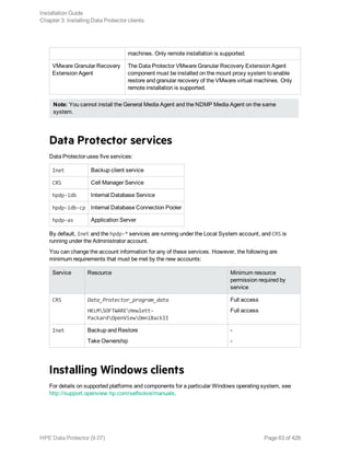 machines. Only remote installation is supported.
VMware Granular Recovery
Extension Agent
The Data Protector VMware Granular Recovery Extension Agent
component must be installed on the mount proxy system to enable
restore and granular recovery of the VMware virtual machines. Only
remote installation is supported.
Note: You cannot install the General Media Agent and the NDMP Media Agent on the same
system.
Data Protector services
Data Protector uses five services:
Inet Backup client service
CRS Cell Manager Service
hpdp-idb Internal Database Service
hpdp-idb-cp Internal Database Connection Pooler
hpdp-as Application Server
By default, Inet and the hpdp-* services are running under the Local System account, and CRS is
running under the Administrator account.
You can change the account information for any of these services. However, the following are
minimum requirements that must be met by the new accounts:
Service Resource Minimum resource
permission required by
service
CRS Data_Protector_program_data
HKLMSOFTWAREHewlett-
PackardOpenViewOmniBackII
Full access
Full access
Inet Backup and Restore
Take Ownership
-
-
Installing Windows clients
For details on supported platforms and components for a particular Windows operating system, see
http://support.openview.hp.com/selfsolve/manuals.
Installation Guide
Chapter 3: Installing Data Protector clients
HPE Data Protector (9.07) Page 63 of 426
 