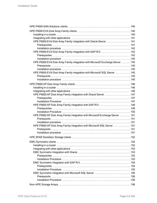 HPE P4000 SAN Solutions clients 140
HPE P6000 EVA Disk Array Family clients 140
Installing in a cluster 140
Integrating with other applications 141
HPE P6000 EVA Disk Array Family integration with Oracle Server 141
Prerequisites 141
Installation procedure 142
HPE P6000 EVA Disk Array Family integration with SAP R/3 142
Prerequisites 142
Installation procedure 144
HPE P6000 EVA Disk Array Family integration with Microsoft Exchange Server 145
Prerequisite 145
Installation procedure 145
HPE P6000 EVA Disk Array Family integration with Microsoft SQL Server 145
Prerequisite 145
Installation procedure 145
HPE P9000 XP Disk Array Family clients 146
Installing in a cluster 146
Integrating with other applications 146
HPE P9000 XP Disk Array Family integration with Oracle Server 147
Prerequisites 147
Installation Procedure 147
HPE P9000 XP Disk Array Family integration with SAP R/3 148
Prerequisites 148
Installation Procedure 150
HPE P9000 XP Disk Array Family integration with Microsoft Exchange Server 151
Prerequisite 151
Installation procedure 151
HPE P9000 XP Disk Array Family integration with Microsoft SQL Server 151
Prerequisite 151
Installation procedure 151
HPE 3PAR StoreServ Storage clients 152
EMC Symmetrix clients 152
Installing in a cluster 152
Integrating with other applications 153
EMC Symmetrix Integration with Oracle 153
Prerequisites 153
Installation Procedure 153
EMC Symmetrix Integration with SAP R/3 154
Prerequisites 154
Installation Procedure 155
EMC Symmetrix Integration with Microsoft SQL Server 156
Prerequisite 156
Installation Procedure 156
Non–HPE Storage Arrays 156
Installation Guide
HPE Data Protector (9.07) Page 9 of 426
 