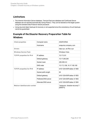Limitations
l The Internet Information Server database, Terminal Services database and Certificate Server
database are not restored automatically during Phase 2. They can be restored on the target system
using the standard Data Protector restore procedure.
l Using resumed object backups for recovery is not supported since the consistency of such backups
cannot be guaranteed.
Example of the Disaster Recovery Preparation Table for
Windows
Client properties Computer name ANAPURNA
Hostname anapurna.company.com
Drivers tatpi.sys, aic78xx.sys
Windows Service Pack Windows Vista
TCP/IP properties for IPv4 IP address 10.17.2.61
Default gateway 10.17.250.250
Subnet mask 255.255.0.0
DNS order 10.17.3.108, 10.17.100.100
TCP/IP properties for IPv6 IP address td10:1234:5678:abba::6:1600
Subnet prefix length 64
Default gateway td10:1234:5678:abba::6:1603
Preferred DNS server td10:1234:5678:abba::6:1603
Alternate DNS server td10:1234:5678:abba::6:1604
Medium label/barcode number "anapurna - disaster recovery" /
[000577]
Disaster Recovery Guide
Chapter 3: Disaster recovery on Windows systems
HPE Data Protector (9.07) Page 26 of 138
 