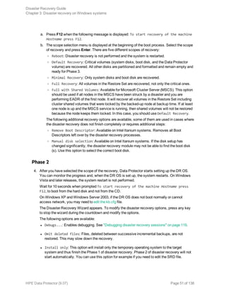 a. Press F12 when the following message is displayed: To start recovery of the machine
Hostname press F12.
b. The scope selection menu is displayed at the beginning of the boot process. Select the scope
of recovery and press Enter. There are five different scopes of recovery:
o Reboot: Disaster recovery is not performed and the system is restarted.
o Default Recovery: Critical volumes (system disks, boot disk, and the Data Protector
volume) are recovered. All other disks are partitioned and formatted and remain empty and
ready for Phase 3.
o Minimal Recovery: Only system disks and boot disk are recovered.
o Full Recovery: All volumes in the Restore Set are recovered, not only the critical ones.
o Full with Shared Volumes: Available for Microsoft Cluster Server (MSCS). This option
should be used if all nodes in the MSCS have been struck by a disaster and you are
performing EADR of the first node. It will recover all volumes in the Restore Set including
cluster shared volumes that were locked by the backed-up node at backup time. If at least
one node is up and the MSCS service is running, then shared volumes will not be restored
because the node keeps them locked. In this case, you should use Default Recovery.
The following additional recovery options are available, some of them are used in cases where
the disaster recovery does not finish completely or requires additional steps:
o Remove Boot Descriptor: Available on Intel Itanium systems. Removes all Boot
Descriptors left over by the disaster recovery processes.
o Manual disk selection: Available on Intel Itanium systems. If the disk setup has
changed significantly, the disaster recovery module may not be able to find the boot disk
(s). Use this option to select the correct boot disk.
Phase 2
4. After you have selected the scope of the recovery, Data Protector starts setting up the DR OS.
You can monitor the progress and, when the DR OS is set up, the system restarts. On Windows
Vista and later releases, the system restart is not performed.
Wait for 10 seconds when prompted To start recovery of the machine Hostname press
F12, to boot from the hard disk and not from the CD.
On Windows XP and Windows Server 2003, if the DR OS does not boot normally or cannot
access network, you may need to edit the kb.cfg file.
The Disaster Recovery Wizard appears. To modify the disaster recovery options, press any key
to stop the wizard during the countdown and modify the options.
The following options are available:
l Debugs...: Enables debugging. See "Debugging disaster recovery sessions" on page 119.
l Omit deleted files: Files, deleted between successive incremental backups, are not
restored. This may slow down the recovery.
l Install only: This option will install only the temporary operating system to the target
system and thus finish the Phase 1 of disaster recovery. Phase 2 of disaster recovery will not
start automatically. You can use this option for example if you need to edit the SRD file.
Disaster Recovery Guide
Chapter 3: Disaster recovery on Windows systems
HPE Data Protector (9.07) Page 51 of 138
 