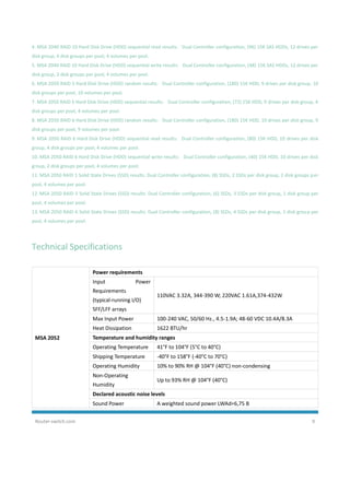 Router-switch.com 9
4. MSA 2040 RAID 10 Hard Disk Drive (HDD) sequential read results: Dual Controller configuration, (96) 15K SAS HDDs, 12 drives per
disk group, 4 disk groups per pool, 4 volumes per pool.
5. MSA 2040 RAID 10 Hard Disk Drive (HDD) sequential write results: Dual Controller configuration, (48) 15K SAS HDDs, 12 drives per
disk group, 2 disk groups per pool, 4 volumes per pool.
6. MSA 2050 RAID 5 Hard Disk Drive (HDD) random results: Dual Controller configuration, (180) 15K HDD, 9 drives per disk group, 10
disk groups per pool, 10 volumes per pool.
7. MSA 2050 RAID 5 Hard Disk Drive (HDD) sequential results: Dual Controller configuration, (72) 15K HDD, 9 drives per disk group, 4
disk groups per pool, 4 volumes per pool.
8. MSA 2050 RAID 6 Hard Disk Drive (HDD) random results: Dual Controller configuration, (180) 15K HDD, 10 drives per disk group, 9
disk groups per pool, 9 volumes per pool.
9. MSA 2050 RAID 6 Hard Disk Drive (HDD) sequential read results: Dual Controller configuration, (80) 15K HDD, 10 drives per disk
group, 4 disk groups per pool, 4 volumes per pool.
10. MSA 2050 RAID 6 Hard Disk Drive (HDD) sequential write results: Dual Controller configuration, (40) 15K HDD, 10 drives per disk
group, 2 disk groups per pool, 4 volumes per pool.
11. MSA 2050 RAID 1 Solid State Drives (SSD) results: Dual Controller configuration, (8) SSDs, 2 SSDs per disk group, 2 disk groups per
pool, 4 volumes per pool.
12. MSA 2050 RAID 5 Solid State Drives (SSD) results: Dual Controller configuration, (6) SSDs, 3 SSDs per disk group, 1 disk group per
pool, 4 volumes per pool.
13. MSA 2050 RAID 6 Solid State Drives (SSD) results: Dual Controller configuration, (8) SSDs, 4 SSDs per disk group, 1 disk group per
pool, 4 volumes per pool.
Technical Specifications
MSA 2052
Power requirements
Input Power
Requirements
(typical-running I/O)
SFF/LFF arrays
110VAC 3.32A, 344-390 W; 220VAC 1.61A,374-432W
Max Input Power 100-240 VAC, 50/60 Hz., 4.5-1.9A; 48-60 VDC 10.4A/8.3A
Heat Dissipation 1622 BTU/hr
Temperature and humidity ranges
Operating Temperature 41°F to 104°F (5°C to 40°C)
Shipping Temperature -40°F to 158°F (-40°C to 70°C)
Operating Humidity 10% to 90% RH @ 104°F (40°C) non-condensing
Non-Operating
Humidity
Up to 93% RH @ 104°F (40°C)
Declared acoustic noise levels
Sound Power A weighted sound power LWAd=6,75 B
 