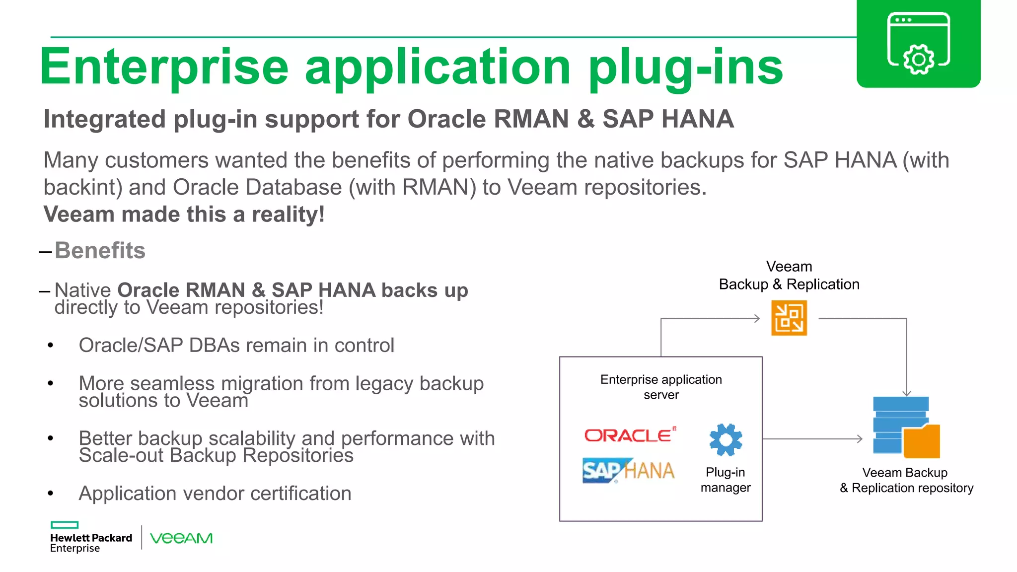 Enterprise application plug-ins
–Benefits
– Native Oracle RMAN & SAP HANA backs up
directly to Veeam repositories!
• Oracle/SAP DBAs remain in control
• More seamless migration from legacy backup
solutions to Veeam
• Better backup scalability and performance with
Scale-out Backup Repositories
• Application vendor certification
Integrated plug-in support for Oracle RMAN & SAP HANA
Many customers wanted the benefits of performing the native backups for SAP HANA (with
backint) and Oracle Database (with RMAN) to Veeam repositories.
Veeam made this a reality!
Veeam
Backup & Replication
Enterprise application
server
Veeam Backup
& Replication repository
Plug-in
manager
 