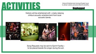 ACTIVITIES
                                                      Interval Entertainment during off peak hours
                                                     to attract visitors and prove Eprint’s beneﬁts.

                                                                       Unplugged
      Visitors will be entertained with a tasty relaxing
         chillout acoustic entertainment from local
                        acoustic bands.




       Song Requests may be sent to Eprint Facility--
       to be placed beside the singer during the act.
 