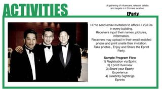 ACTIVITIES
                              A gathering of infuencers, relevant celebs
                                  and targets in 4 Corners location.

                                                  EParty

                   HP to send email invitation to ofﬁce HR/CEOs
                                 in every building.
                       Receivers input their names, pictures,
                                    information.
                    Receivers may upload in their email enabled
                      phone and print onsite their invitation.
                     Take photos , Enjoy and Share the Eprint
                                        Party.

                            Sample Program Flow
                            1) Registration via Eprint
                                2) Eprint Overview
  Sample Program              3) Share your Eparty
      FLow                          Experience
                              4) Celebrity Sightings
                                      Eprints
 