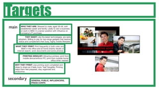 Targets
main      WHO THEY ARE: Skewed to male, aged 30-49, with
          established career and family. Likely to own a business,
          or work in MNC in a senior position with inﬂuence on
          company’s IT purchase.
              THEY WANT: Like the latest technologies, are early
       adopters. Willing to pay for top-range gadgets that bestow
       status and complement their busy, highly mobile lifestyles.

   WHAT THEY PRINT: Print frequently in both color and
         B&W in the ofﬁce and at home (mainly results of
    internet search, work documents and some photos).

            PRINTING WISHLIST: Attractive printers; print from
            mobile device/without PC; print from outside home/
                                           ofﬁce when needed.

   WHY THEY PRINT: Like printing work completed and
   ideas to share as it feels more “real”/tangible. Printing
   helps them feel prepared, stay organized and
   productive.


secondary             GENERAL PUBLIC, INFLUENCERS,
                      PRESS CORPS
 
