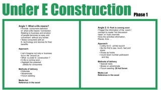 Under E Construction                                                                Phase 1

  Angle 1: What e-life means?
   • Provide consumers definition         Angle 2: E- Park is coming soon
    of what e-life means: Connection      •Trigger the information of the event /
    Relating to business and emotion      concept to create “hot discussion
    of people becomes so easy and         news” on multi channels
    convenient without any border.        •Give the activities information,
   • Tease consumers with an              Places, time….
    E- technology and devices for their
    benefits                              Approach:
                                           • Lobby for E - printer launch
  Approach:                                • Be the first to see, touch, feel and
                                            share
   • Let’s Imagine not only e- business    • Prizes as hooks
    but e- life around us                  • Count down number participant
   • What is under E- construction ?          and day
   • E life is coming soon…
   • Highlight the potential              Methods of delivery
      utilities for consumers              • Special news
                                           • Boxes on advertorials.
  Methods of delivery                      • Forum seeding: 20 hot forum
   • Editorials
   • Advertorials                         Media List
   • Forum seeding                        Reference in the excel

  Media list:
  Reference in the excel
 