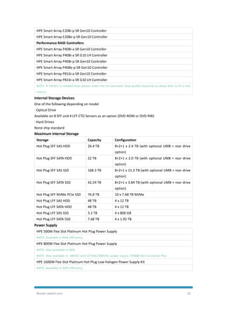 Router-switch.com 10
HPE Smart Array E208i-p SR Gen10 Controller
HPE Smart Array E208e-p SR Gen10 Controller
Performance RAID Controllers
HPE Smart Array P408i-a SR Gen10 Controller
HPE Smart Array P408i-a SR G10 LH Controller
HPE Smart Array P408i-p SR Gen10 Controller
HPE Smart Array P408e-p SR Gen10 Controller
HPE Smart Array P816i-a SR Gen10 Controller
HPE Smart Array P816i-a SR G10 LH Controller
NOTE: If GPGPU is needed then please order the LH controller (low profile heatsink) to allow GPU to fit in the
chassis.
Internal Storage Devices
One of the following depending on model
· Optical Drive
Available on 8 SFF and 4 LFF CTO Servers as an option (DVD-ROM or DVD-RW)
· Hard Drives
None ship standard
Maximum Internal Storage
Storage Capacity Configuration
Hot Plug SFF SAS HDD 26.4 TB 8+2+1 x 2.4 TB (with optional UMB + rear drive
option)
Hot Plug SFF SATA HDD 22 TB 8+2+1 x 2.0 TB (with optional UMB + rear drive
option)
Hot Plug SFF SAS SSD 168.3 TB 8+2+1 x 15.3 TB (with optional UMB + rear drive
option)
Hot Plug SFF SATA SSD 42.24 TB 8+2+1 x 3.84 TB (with optional UMB + rear drive
option)
Hot Plug SFF NVMe PCIe SSD 76.8 TB 10 x 7.68 TB NVMe
Hot Plug LFF SAS HDD 48 TB 4 x 12 TB
Hot Plug LFF SATA HDD 48 TB 4 x 12 TB
Hot Plug LFF SAS SSD 3.2 TB 4 x 800 GB
Hot Plug LFF SATA SSD 7.68 TB 4 x 1.92 TB
Power Supply
HPE 500W Flex Slot Platinum Hot Plug Power Supply
NOTE: Available in 94% efficiency.
HPE 800W Flex Slot Platinum Hot Plug Power Supply
NOTE: Also available in 96%.
NOTE: Also available in -48VDC and 227VAC/380VDC power inputs 720480-B21 Universal PSU.
HPE 1600W Flex Slot Platinum Hot Plug Low Halogen Power Supply Kit
NOTE: Available in 94% efficiency.
 