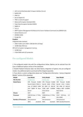 Router-switch.com 12
· UEFI 2.6 (Unified Extensible Firmware Interface Forum)
· Redfish API
· IPMI 2.0
· Secure Digital 4.0
· TPM 1.2 and 2.0 support
· Advanced Encryption Standard (AES)
· Triple Data Encryption Standard (3DES)
· SNMP v3
· TLS 1.2
· DMTF Systems Management Architecture for Server Hardware Command Line (SMASH CLP)
· Active Directory v1.0
· ASHRAE A3/A4
· Energy Star
Graphics
Integrated video standard
· Video modes up to 1920 x 1200 @ 60 Hz (32 bpp)
· 16 MB Video Memory
HPE iLO 5 on system management memory
· 32 MB Flash
· 4 Gbit DDR3 with ECC protection
Pre-configured Models
1. Pre-configured models ship with the configurations below. Options can be selected from the
Core or Additional options section of this datasheet.
2. Hewlett Packard Enterprise does not allow factory integration of options into pre-configured
models. Any additional options purchased will be shipped separately.
3. If you desire a custom configuration please see "Configuration Information - Factory Integrated
Models" section of this datasheet.
Model Low Model Entry Model Base Model
SKU Number P01880-B21 867961-B21 867962-B21
Model Name HPE ProLiant DL360
Gen10 3104 1.7GHz 6-
core 1P 8GB-R S100i
4LFF 500W PS Base
Server
HPE ProLiant DL360
Gen10 3106 1.7GHz
8C 85W 1P 16G-2R
S100i 8SFF 1x500W
Entry Server
HPE ProLiant DL360
Gen10 4114 2.2GHz
10C 85W 1P 16G-2R
P408i-a 8SFF 1x500W
Base Server
Chassis 4LFF 8SFF 8SFF
Processor 3104 (6-Core, 1.7 GHz,
85W)
3106 (8-Core, 1.7 GHz,
85W)
4114 (10-Core, 2.2
GHz, 85W)
Number of Processors One processor
With standard
One processor
With standard
One processor
With standard heatsink
 