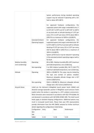 Router-switch.com 32
System performance during standard operating
support may be reduced if operating with a fan
fault or above 30°C (86°F).
For approved hardware configurations, the
supported system inlet range is extended to be: 5°
to 10°C (41° to 50°F) and 35° to 40°C (95° to 104°F)
at sea level with an altitude derating of 1.0°C per
every 175 m (1.8°F per every 574 ft) above 900 m
(2953 ft) to a maximum of 3050 m (10,000 ft).
Extended Ambient
Operating Support
For approved hardware configurations, the
supported system inlet range is extended to be: 40°
to 45°C (104° to 113°F) at sea level with an altitude
derating of 1.0°C per every 125 m (1.8°F per every
410 ft) above 900 m (2953 ft) to a maximum of
3050 m (10,000 ft).
System performance may be reduced if operating
in the extended ambient operating range or with a
fan fault.
Relative Humidity
(non-condensing)
Operating 8% to 90% - Relative humidity (Rh), 28°C maximum
wet bulb temperature, non-condensing.
Non-operating 5 to 95% relative humidity (Rh), 38.7°C (101.7°F)
maximum wet bulb temperature, non-condensing.
Altitude Operating 3050 m (10,000 ft). This value may be limited by
the type and number of options installed.
Maximum allowable altitude change rate is 457
m/min (1500 ft/min).
Non-operating 9144 m (30,000 ft). Maximum allowable altitude
change rate is 457 m/min (1500 ft/min).
Acoustic Noise Listed are the declared A-Weighted sound power levels (LWAd) and
declared average bystander position A-Weighted sound pressure levels
(LpAm) when the product is operating in a 23°C ambient environment.
Noise emissions were measured in accordance with ISO 7779 (ECMA 74)
and declared in accordance with ISO 9296 (ECMA 109). The listed sound
levels apply to standard shipping configurations. Additional options may
result in increased sound levels. Please have your HPE representative
provide information from the HPE EMESC website for further technical
details regarding the configurations listed below.
Configuration
SKU
Entry Base Performance
Idle
LWAd 5.1 B 5.1 B 5.2 B
 