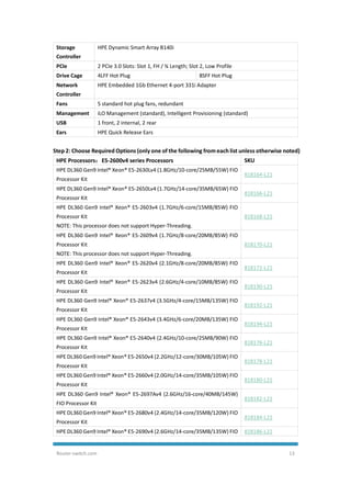 Router-switch.com 13
Storage
Controller
HPE Dynamic Smart Array B140i
PCIe 2 PCIe 3.0 Slots: Slot 1, FH / ¾ Length; Slot 2, Low Profile
Drive Cage 4LFF Hot Plug 8SFF Hot Plug
Network
Controller
HPE Embedded 1Gb Ethernet 4-port 331i Adapter
Fans 5 standard hot plug fans, redundant
Management iLO Management (standard), Intelligent Provisioning (standard)
USB 1 front, 2 internal, 2 rear
Ears HPE Quick Release Ears
Step 2: Choose Required Options (only one of the following fromeach list unless otherwise noted)
HPE Processors：E5-2600v4 series Processors SKU
HPE DL360 Gen9 Intel® Xeon® E5-2630Lv4 (1.8GHz/10-core/25MB/55W) FIO
Processor Kit
818164-L21
HPE DL360 Gen9 Intel® Xeon® E5-2650Lv4 (1.7GHz/14-core/35MB/65W) FIO
Processor Kit
818166-L21
HPE DL360 Gen9 Intel® Xeon® E5-2603v4 (1.7GHz/6-core/15MB/85W) FIO
Processor Kit
NOTE: This processor does not support Hyper-Threading.
818168-L21
HPE DL360 Gen9 Intel® Xeon® E5-2609v4 (1.7GHz/8-core/20MB/85W) FIO
Processor Kit
NOTE: This processor does not support Hyper-Threading.
818170-L21
HPE DL360 Gen9 Intel® Xeon® E5-2620v4 (2.1GHz/8-core/20MB/85W) FIO
Processor Kit
818172-L21
HPE DL360 Gen9 Intel® Xeon® E5-2623v4 (2.6GHz/4-core/10MB/85W) FIO
Processor Kit
818190-L21
HPE DL360 Gen9 Intel® Xeon® E5-2637v4 (3.5GHz/4-core/15MB/135W) FIO
Processor Kit
818192-L21
HPE DL360 Gen9 Intel® Xeon® E5-2643v4 (3.4GHz/6-core/20MB/135W) FIO
Processor Kit
818194-L21
HPE DL360 Gen9 Intel® Xeon® E5-2640v4 (2.4GHz/10-core/25MB/90W) FIO
Processor Kit
818176-L21
HPE DL360 Gen9 Intel® Xeon® E5-2650v4 (2.2GHz/12-core/30MB/105W) FIO
Processor Kit
818178-L21
HPE DL360 Gen9 Intel® Xeon® E5-2660v4 (2.0GHz/14-core/35MB/105W) FIO
Processor Kit
818180-L21
HPE DL360 Gen9 Intel® Xeon® E5-2697Av4 (2.6GHz/16-core/40MB/145W)
FIO Processor Kit
818182-L21
HPE DL360 Gen9 Intel® Xeon® E5-2680v4 (2.4GHz/14-core/35MB/120W) FIO
Processor Kit
818184-L21
HPE DL360 Gen9 Intel® Xeon® E5-2690v4 (2.6GHz/14-core/35MB/135W) FIO 818186-L21
 
