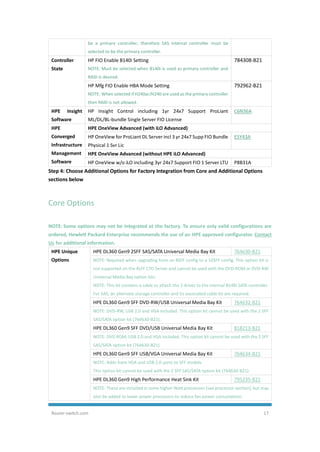 Router-switch.com 17
be a primary controller, therefore SAS internal controller must be
selected to be the primary controller.
Controller
State
HP FIO Enable B140i Setting
NOTE: Must be selected when B140i is used as primary controller and
RAID is desired.
784308-B21
HP Mfg FIO Enable HBA Mode Setting
NOTE: When selected if H240ar/H240 are used as the primary controller
then RAID is not allowed.
792962-B21
HPE Insight
Software
HP Insight Control including 1yr 24x7 Support ProLiant
ML/DL/BL-bundle Single Server FIO License
C6N36A
HPE
Converged
Infrastructure
Management
Software
HPE OneView Advanced (with iLO Advanced)
HP OneView for ProLiant DL Server incl 3 yr 24x7 Supp FIO Bundle
Physical 1 Svr Lic
E5Y43A
HPE OneView Advanced (without HPE iLO Advanced)
HP OneView w/o iLO including 3yr 24x7 Support FIO 1 Server LTU P8B31A
Step 4: Choose Additional Options for Factory Integration from Core and Additional Options
sections below
Core Options
NOTE: Some options may not be integrated at the factory. To ensure only valid configurations are
ordered, Hewlett Packard Enterprise recommends the use of an HPE approved configurator. Contact
Us for additional information.
HPE Unique
Options
HPE DL360 Gen9 2SFF SAS/SATA Universal Media Bay Kit 764630-B21
NOTE: Required when upgrading from an 8SFF config to a 10SFF config. This option kit is
not supported on the 4LFF CTO Server and cannot be used with the DVD-ROM or DVD-RW
Universal Media Bay option kits.
NOTE: This kit contains a cable to attach the 2 drives to the internal B140i SATA controller.
For SAS, an alternate storage controller and its associated cable kit are required.
HPE DL360 Gen9 SFF DVD-RW/USB Universal Media Bay Kit 764632-B21
NOTE: DVD-RW, USB 2.0 and VGA included. This option kit cannot be used with the 2 SFF
SAS/SATA option kit (764630-B21).
HPE DL360 Gen9 SFF DVD/USB Universal Media Bay Kit 818213-B21
NOTE: DVD ROM, USB 2.0 and VGA included. This option kit cannot be used with the 2 SFF
SAS/SATA option kit (764630-B21).
HPE DL360 Gen9 SFF USB/VGA Universal Media Bay Kit 764634-B21
NOTE: Adds front VGA and USB 2.0 ports to SFF models.
This option kit cannot be used with the 2 SFF SAS/SATA option kit (764630-B21).
HPE DL360 Gen9 High Performance Heat Sink Kit 795235-B21
NOTE: These are included in some higher Watt processors (see processor section), but may
also be added to lower power processors to reduce fan power consumption.
 