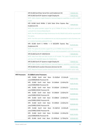 Router-switch.com 18
HPE DL360 Gen9 Rear Serial Port and Enablement Kit 764646-B21
HPE DL360 Gen9 SFF Systems Insight Display Kit 764636-B21
NOTE: Adds a System Insight Display for improved diagnosis capabilities on an 8FF or 10SFF
model.
HPE DL360 Gen9 NVMe 2 Solid State Drive Express Bay
Enablement Kit
764628-B21
NOTE: This option provides support for up to 2 NVMe SFF drives. This option cannot be
used with the Universal Media Bay Kit.
NOTE: The HPE DL360 Gen9 High Performance Fan Kit (766201-B21) will be required with
this option.
NOTE: The PCIe card in this enablement kit can only be populated in slot1 of primary riser
or in slot3 of secondary optional FH riser.
HPE DL360 Gen9 6 NVMe + 4 SAS/SATA Express Bay
Enablement Kit
817676-B21
NOTE: This option kit provides support for up to 6 NVMe drives (drives 5-10).
NOTE: The PCIe card in this enablement kit can only be populated in slot1 of primary riser.
HPE DL360 Gen9 LFF USB/VGA Kit 764638-B21
NOTE: Adds front VGA and USB 2.0 ports to LFF models. This option kit cannot be used
with the 2 SFF SAS/SATA Option Kit (764630-B21).
HPE DL360 Gen9 LFF Systems Insight Display Kit 764640-B21
NOTE: Adds a System Insight Display for improved diagnosis capabilities on a 4LFF model.
HPE DL360 Gen9 Location Discovery Services Ear Kit 764757-B21
NOTE: Requires ProLiant Location Discovery Services Infrastructure within server racks.
HPE Processors E5-2600v4 series Processors
HPE DL360 Gen9 Intel Xeon E5-2620v4 (2.1GHz/8-
core/20MB/85W) Processor Kit
818172-B21
HPE DL360 Gen9 Intel Xeon E5-2640v4 (2.4GHz/10-
core/25MB/90W) Processor Kit
818176-B21
HPE DL360 Gen9 Intel Xeon E5-2650v4 (2.2GHz/12-
core/30MB/105W) Processor Kit
818178-B21
HPE DL360 Gen9 Intel Xeon E5-2660v4 (2.0GHz/14-
core/35MB/105W) Processor Kit
818180-B21
HPE DL360 Gen9 Intel Xeon E5-2680v4 (2.4GHz/14-
core/35MB/120W) Processor Kit
818184-B21
HPE DL360 Gen9 Intel Xeon E5-2690v4 (2.6GHz/14-
core/35MB/135W) Processor Kit
818186-B21
HPE DL360 Gen9 Intel Xeon E5-2667v4 (3.2GHz/8-
core/25MB/135W) Processor Kit
818196-B21
HPE DL360 Gen9 Intel Xeon E5-2630v4 (2.2GHz/10-
core/25MB/85W) Processor Kit
818174-B21
HPE DL360 Gen9 Intel Xeon E5-2650Lv4 (1.7GHz/14- 818166-B21
 