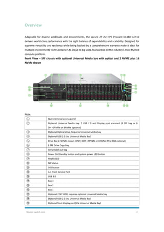 Router-switch.com 2
Overview
Adaptable for diverse workloads and environments, the secure 2P 2U HPE ProLiant DL380 Gen10
delivers world-class performance with the right balance of expandability and scalability. Designed for
supreme versatility and resiliency while being backed by a comprehensive warranty make it ideal for
multiple environments from Containers to Cloud to Big Data. Standardize on the industry’s most trusted
compute platform.
Front View – SFF chassis with optional Universal Media bay with optical and 2 NVME plus 16
NVMe shown
Note:
① Quick removal access panel
② Optional Universal Media bay. 2 USB 2.0 and Display port standard (8 SFF bay or 6
SFF+2NVMe or 8NVMe optional)
③ Optional Optical drive. Requires Universal Media bay
④ Optional USB 2.0 (via Universal Media Bay)
⑤ Drive Bay 2. NVMe shown (8 SFF, 6SFF+2NVMe or 8 NVMe PCIe SSD optional)
⑥ 8 SFF Drive Cage Bay
⑦ Serial label pull tag
⑧ Power On/Standby button and system power LED button
⑨ Health LED
⑩ NIC status
⑪ UID button
⑫ iLO Front Service Port
⑬ USB 3.0
⑭ Box 3
⑮ Box 2
⑯ Box 1
⑰ Optional 2 SFF HDD, requires optional Universal Media bay
⑱ Optional USB 2.0 (via Universal Media Bay)
⑲ Optional front display port (Via Universal Media Bay)
 
