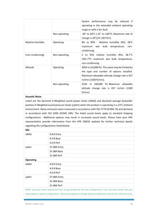 Router-switch.com 33
System performance may be reduced if
operating in the extended ambient operating
range or with a fan fault.
Non-operating -30° to 60°C (-22° to 140°F). Maximum rate of
change is 20°C/hr (36°F/hr).
Relative Humidity Operating 8% to 90% - Relative humidity (Rh), 28°C
maximum wet bulb temperature, non-
condensing.
(non-condensing) Non-operating 5 to 95% relative humidity (Rh), 38.7°C
(101.7°F) maximum wet bulb temperature,
non-condensing.
Altitude Operating 3050 m (10,000 ft). This value may be limited by
the type and number of options installed.
Maximum allowable altitude change rate is 457
m/min (1500 ft/min).
Non-operating 9144 m (30,000 ft). Maximum allowable
altitude change rate is 457 m/min (1500
ft/min).
Acoustic Noise
Listed are the declared A-Weighted sound power levels (LWAd) and declared average bystander
position A-Weighted sound pressure levels (LpAm) when the product is operating in a 23°C ambient
environment. Noise emissions were measured in accordance with ISO 7779 (ECMA 74) and declared
in accordance with ISO 9296 (ECMA 109). The listed sound levels apply to standard shipping
configurations. Additional options may result in increased sound levels. Please have your HPE
representative provide information from the HPE EMESC website for further technical details
regarding the configurations listed below.
Idle
LWAd 4.8 B Entry
4.4 B Base
4.6 B Perf
LpAm 37 dBA Entry
31 dBA Base
31 dBA Perf
Operating
LWAd 4.8 B Entry
4.4 B Base
4.6 B Perf
LpAm 37 dBA Entry
31 dBA Base
31 dBA Perf
NOTE: Acoustics levels presented here are generated by the test configuration only. Acoustics levels will vary
depending on system configuration. Values are subject to change without notification and are for reference only.
 