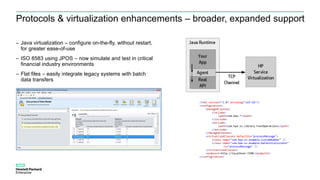 Protocols & virtualization enhancements – broader, expanded support
– Java virtualization – configure on-the-fly, without restart,
for greater ease-of-use
– ISO 8583 using JPOS – now simulate and test in critical
financial industry environments
– Flat files – easily integrate legacy systems with batch
data transfers
<?xml version="1.0" encoding="utf-16"?>
<configuration>
<managedClasses>
<include>
<path>com.hpe.*</path>
</include>
<exclude>
<path>com.hpe.sv.library.FastOperations</path>
</exclude>
</managedClasses>
<virtualizedClasses defaultVs="processMessage">
<class name="com.hpe.sv.example.CustomNumber" />
<class name="com.hpe.sv.example.DefaultCalculator"
vs="processMessage" />
</virtualizedClasses>
<endpoint>http://localhost:7290</endpoint>
</configuration>
 