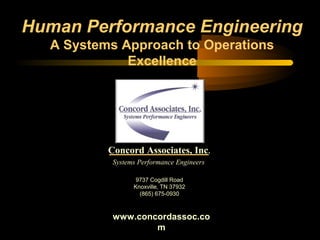 Human Performance Engineering
A Systems Approach to Operations
Excellence

Concord Associates, Inc.
Systems Performance Engineers
9737 Cogdill Road
Knoxville, TN 37932
(865) 675-0930

www.concordassoc.co
m

 