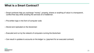 What is a Smart Contract?
– Smart contracts help you exchange “money”, property, shares or anything of value in a transparent,
conflict-free way while avoiding the services of a middleman.
– Pre-written logic in the form of computer code
– Stored and replicated on the blockchain
– Executed and run by the network of computers running the blockchain
– Can result in updates to accounts on the ledger i.e. (payment for an executed contract)
25
 