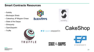 Smart Contracts Resources
– Solidity
– Blockapps Strato
– Cakeshop JP Mogran Chase
– State of the Dapps
– Etherparty
– OpenZeppelin
– Truffle
28
CakeShop
 