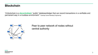 Blockchain
“A blockchain is a decentralized, “public” database/ledger that can record transactions in a verifiable and
permanent way in a trustless environment.” Sutardja Center Berkeley Engineering
9
Peer to peer network of nodes without
central authority
 