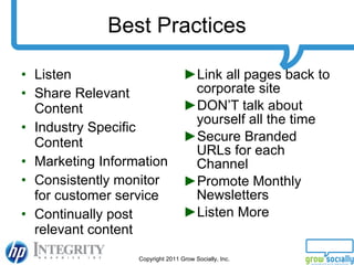 Best Practices <ul><li>Listen </li></ul><ul><li>Share Relevant Content </li></ul><ul><li>Industry Specific Content </li></...