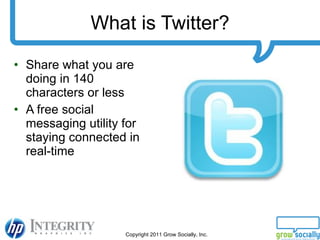 What is Twitter? <ul><li>Share what you are doing in 140 characters or less </li></ul><ul><li>A free social messaging util...