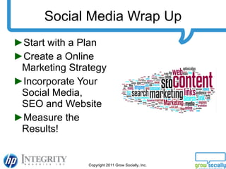 Social Media Wrap Up <ul><li>Start with a Plan </li></ul><ul><li>Create a Online Marketing Strategy </li></ul><ul><li>Inco...