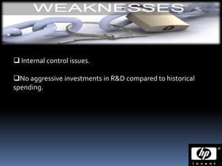  Internal control issues.

No aggressive investments in R&D compared to historical
spending.
 