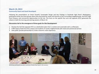 March	
  19,	
  2013	
  
Community	
  Input	
  and	
  Goals	
  Developed	
  
	
  	
  
Following	
   the	
   presenta@ons	
   on	
   Smart	
   Growth/	
   Sustainable	
   Design	
   and	
   Key	
   Findings	
   in	
   Southside	
   High	
   Point’s	
   Marketplace,	
  
par@cipants	
  broke	
  into	
  three	
  groups	
  where	
  they	
  discussed	
  the	
  needs	
  and	
  interests	
  of	
  the	
  surrounding	
  neighborhoods,	
  the	
  GTCC-­‐High	
  
Point	
  Campus,	
  and	
  commercial	
  opportuni@es	
  on	
  the	
  site.	
  This	
  focus	
  on	
  the	
  speciﬁc	
  four	
  acre	
  site	
  opposite	
  GTCC	
  galvanized	
  the	
  
ci@zens	
  in	
  both	
  the	
  morning	
  and	
  evening	
  sessions	
  of	
  March	
  19.	
  	
  	
  
	
  	
  
Discussions	
  led	
  to	
  the	
  emergence	
  of	
  three	
  goals	
  for	
  Site	
  Development:	
  
	
  	
  
1.  Develop	
  the	
  SoSi	
  Site	
  opposite	
  GTCC	
  as	
  a	
  des@na@on	
  place	
  that	
  is	
  crea@ve	
  and	
  sustainable	
  with	
  a	
  uniﬁed	
  plan.	
  
2.  Fulﬁll	
  needs	
  of	
  both	
  the	
  GTCC	
  campus	
  and	
  residents	
  of	
  nearby	
  neighborhoods	
  with	
  retail	
  and	
  commercial	
  services	
  
3.  Seek	
  public	
  /private	
  partnerships	
  to	
  create	
  a	
  dynamic	
  urban	
  experience.	
  	
  
Workshop	
  par@cipants	
  provide	
  a	
  summary	
  of	
  what	
  they	
  heard	
  in	
  the	
  sessions.	
  	
  	
  
20	
  
 